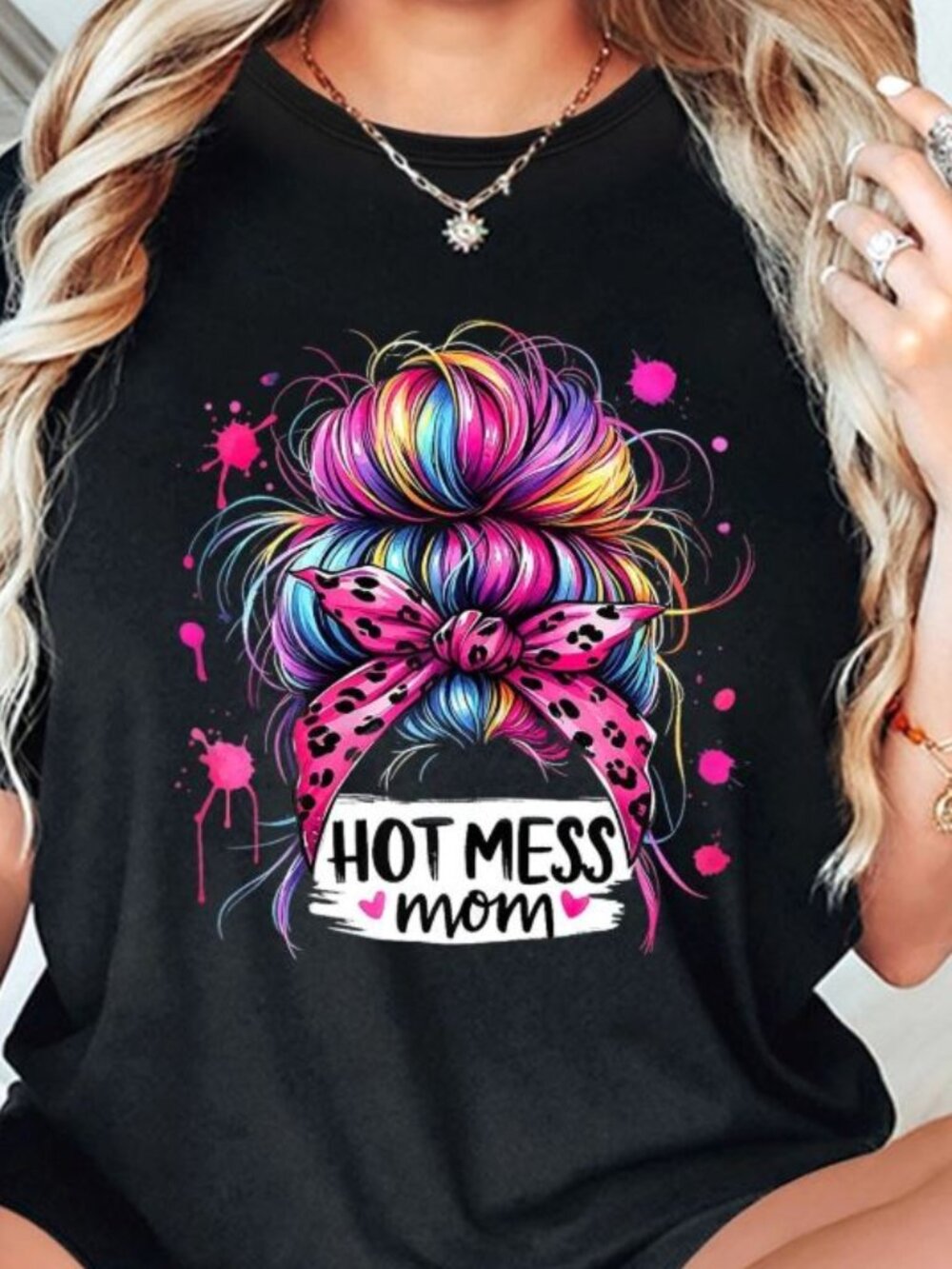 Hot Mess Mom T-Shirt Messy Bun & Leopard Bow Graphic Tee